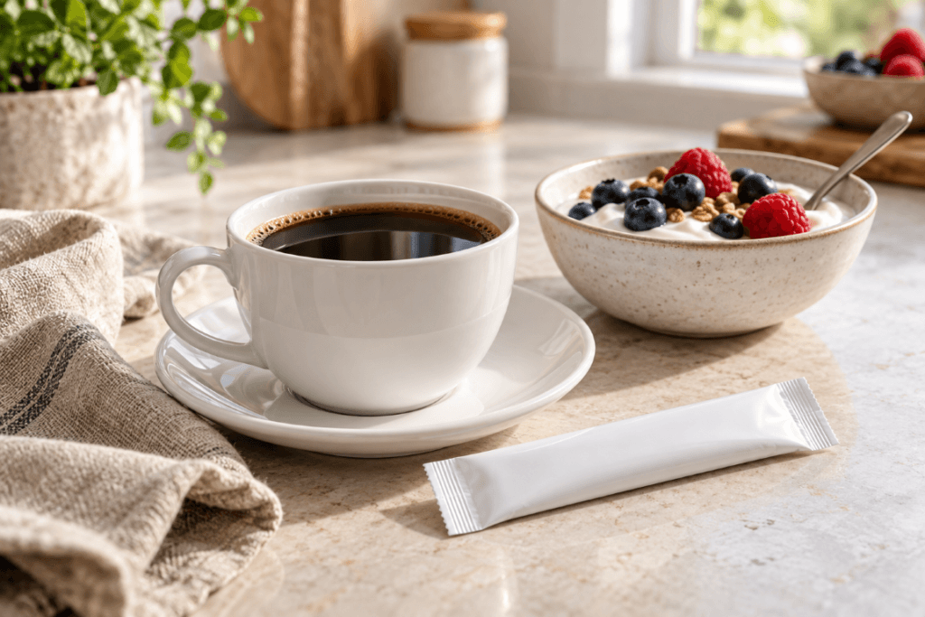 Coffee and an unbranded supplement packet beside a light breakfast with yogurt and berries.
