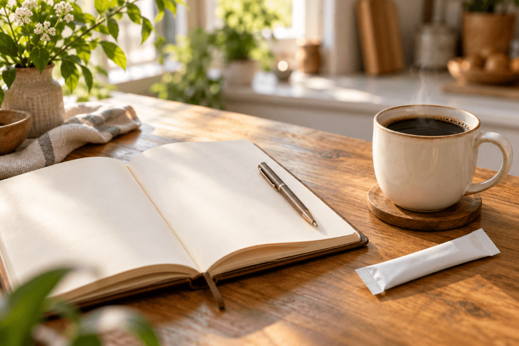Cup of coffee beside an unbranded supplement packet and open notebook on a bright table.
