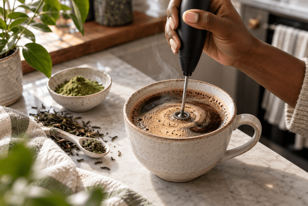 Java Burn Review - Coffee being mixed with a frother beside green tea leaves and a small dish of supplement powder.