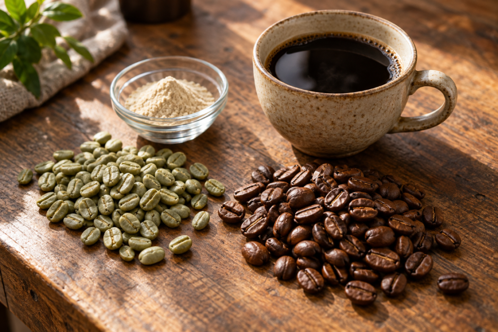 Cup of black coffee beside green coffee beans, roasted coffee beans, and an unbranded supplement powder.