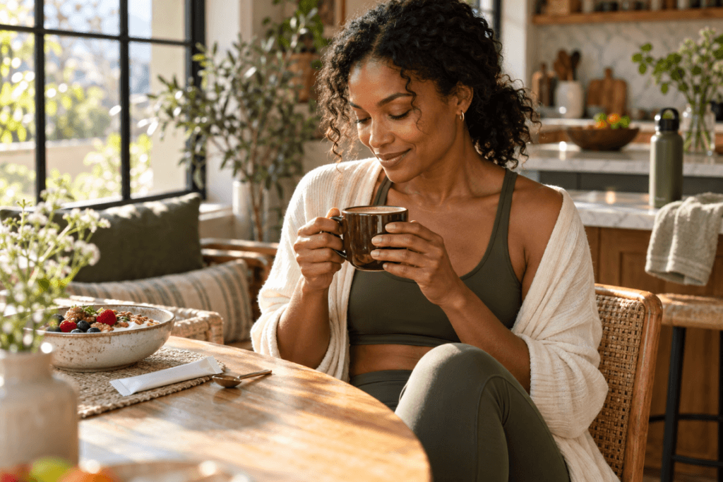 Black woman holding a cup of coffee in a modern kitchen with subtle workout gear in the background.