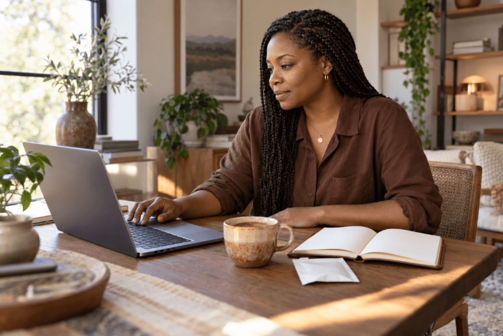 Black woman working at a desk with coffee, a laptop, and notebook in a calm, focused setting.